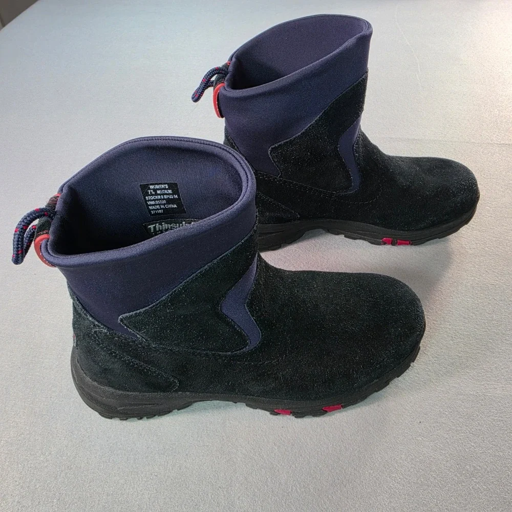LL Bean Womens Black Suede Thinsulate Winter Boots Navy Neoprene 7.5 M 05330